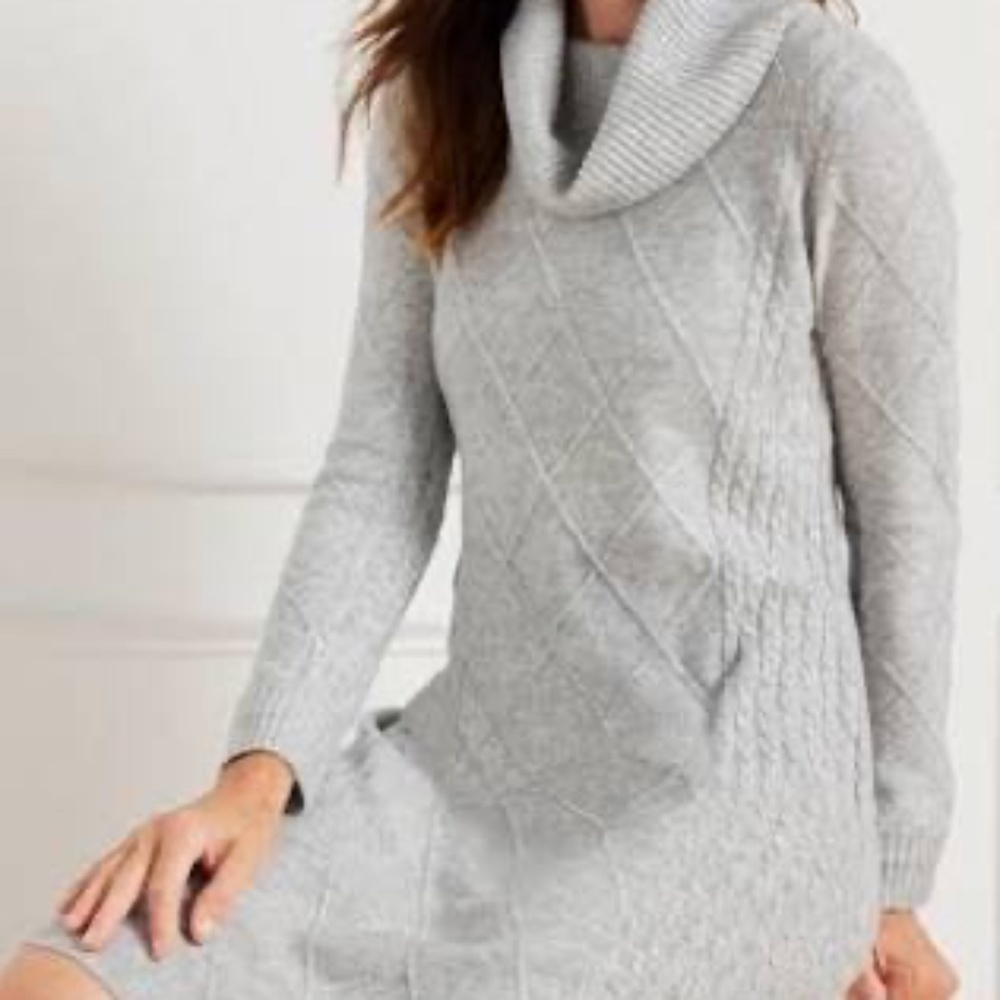 Talbots Cable Kniw Cowl Neck Sweater Dress in Grey Sky Heather